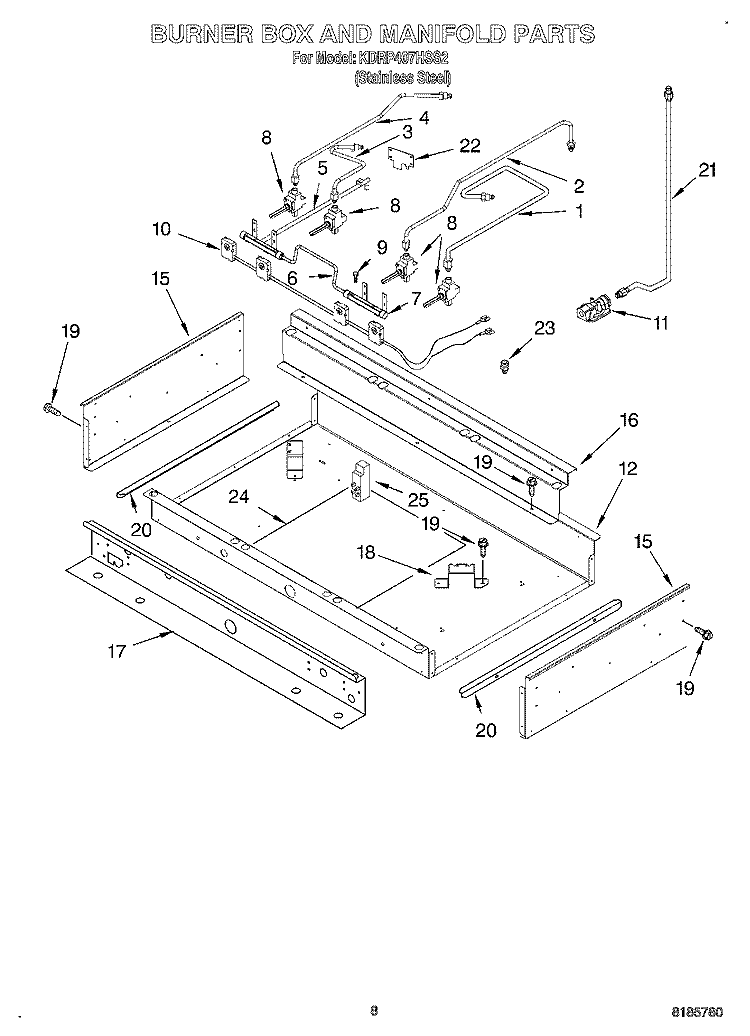 BURNER BOX AND MANIFOLD Diagram and Parts List for KDRP407HSS2  KitchenAid Range