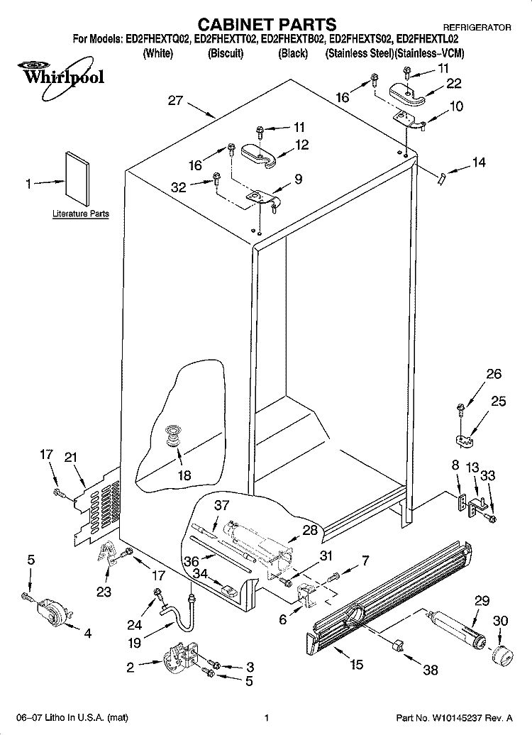 CABINET PARTS Diagram and Parts List for ED2FHEXTL02  Whirlpool Refrigerator