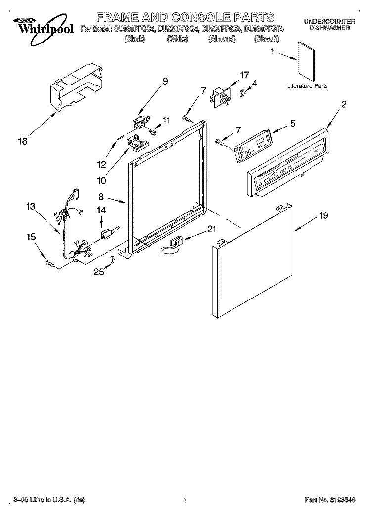 FRAME AND CONSOLE, LITERATURE Diagram and Parts List for DU920PFGT4  Whirlpool Dishwasher