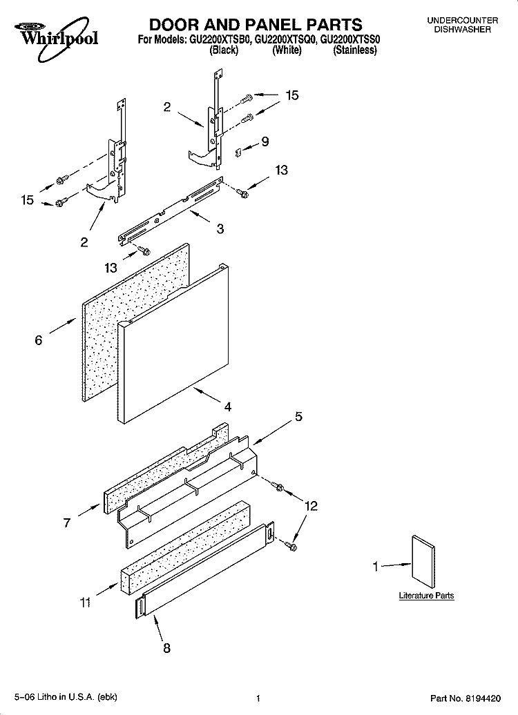 DOOR AND PANEL PARTS Diagram and Parts List for GU2200XTSB0  Whirlpool Dishwasher