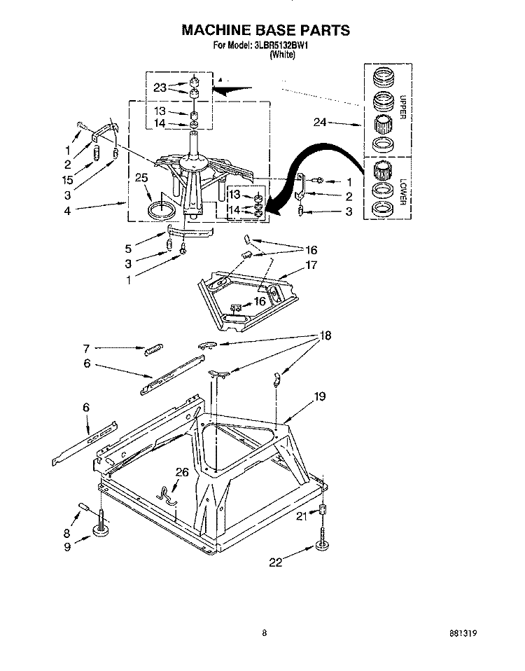MACHINE BASE Diagram and Parts List for 3LBR5132BW1  Whirlpool Washer
