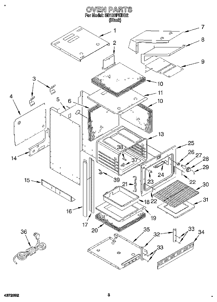 OVEN Diagram and Parts List for SB130PEDB2  Whirlpool Wall Oven