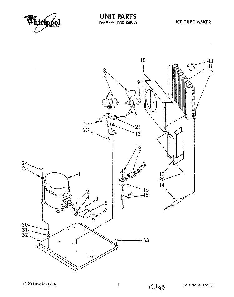 UNIT, LITERATURE Diagram and Parts List for EC5150WV1  Whirlpool Ice Maker