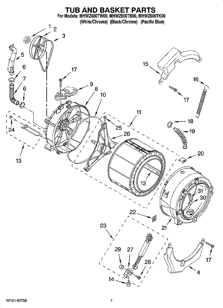 TUB AND BASKET PARTS, OPTIONAL PARTS (NOT INCLUDED) Diagram and Parts List for MHWZ600TB00  Whirlpool Washer