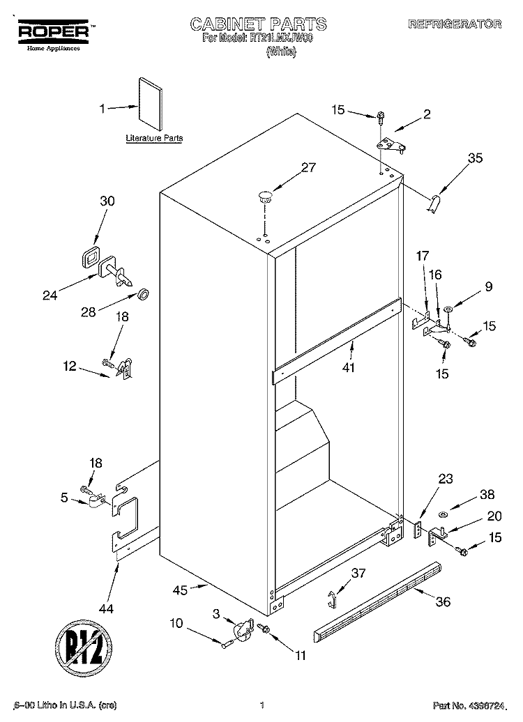 CABINET, LITERATURE Diagram and Parts List for RT21LMXJW00  Roper Refrigerator