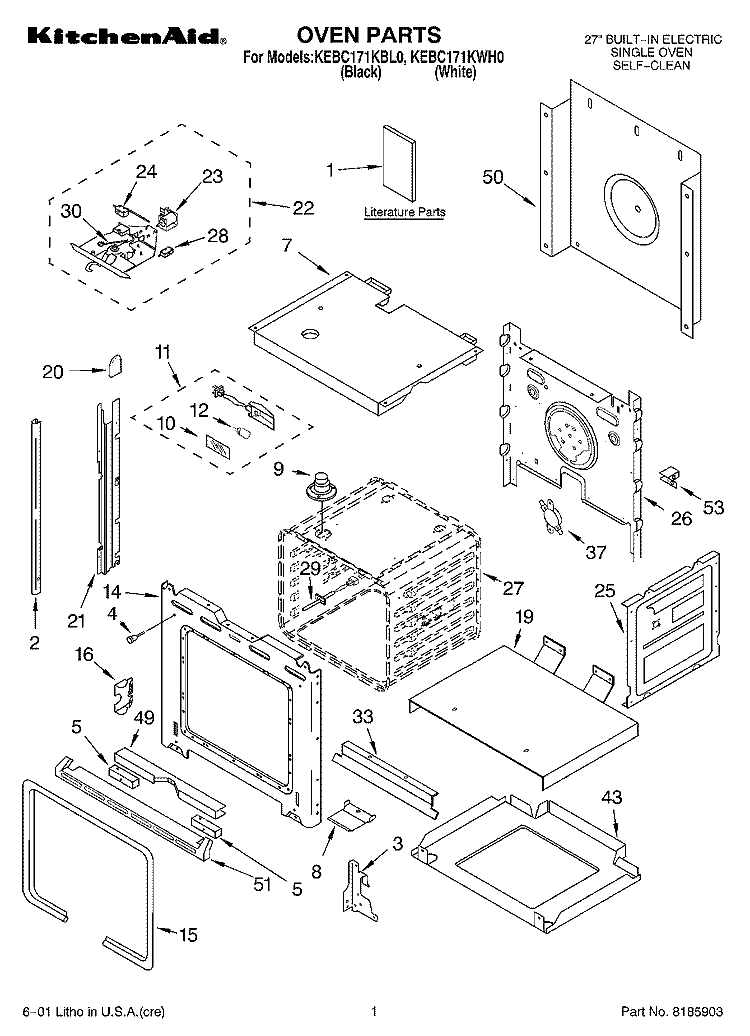 OVEN, LITERATURE Diagram and Parts List for KEBC171KBL0  KitchenAid Wall Oven