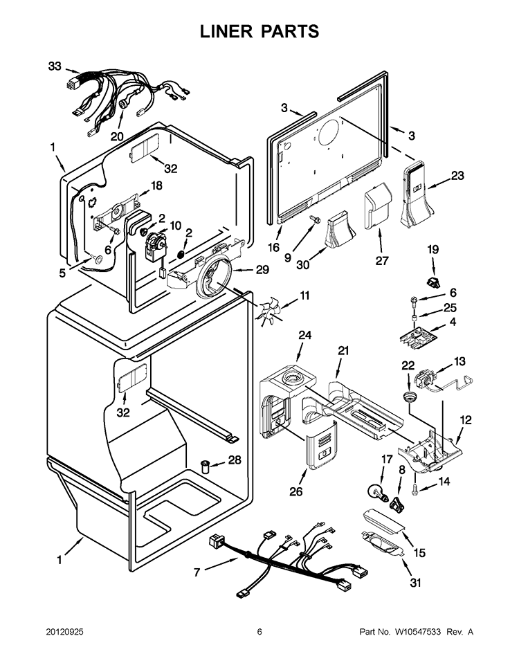LINER PARTS Diagram and Parts List for WRT1L1TZYS01  Whirlpool Refrigerator