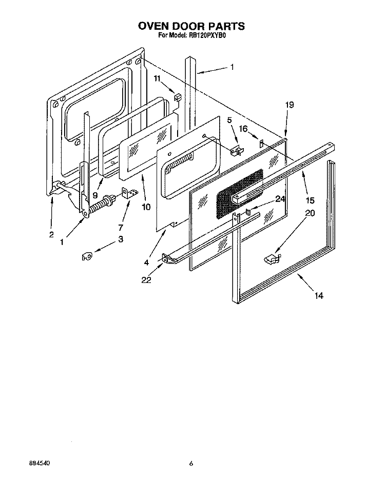 OVEN DOOR Diagram and Parts List for RB120PXYB0  Whirlpool Wall Oven