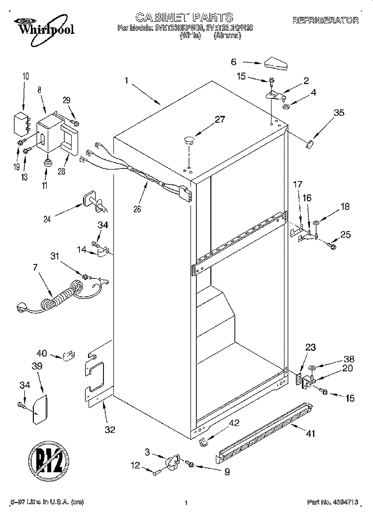 CABINET Diagram and Parts List for 3VET23DKFN00  Whirlpool Refrigerator