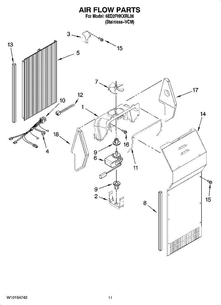AIR FLOW PARTS Diagram and Parts List for 6ED2FHKXRL06  Whirlpool Refrigerator