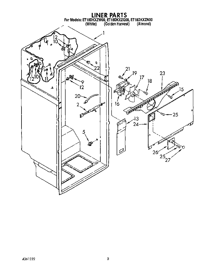 LINER Diagram and Parts List for ET18DKXZW00  Whirlpool Refrigerator