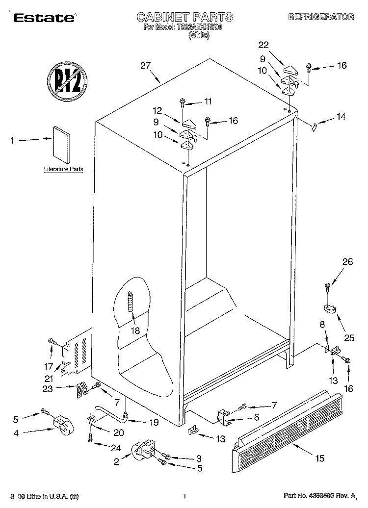 CABINET, LITERATURE Diagram and Parts List for TS22AEXHW00  Whirlpool Refrigerator
