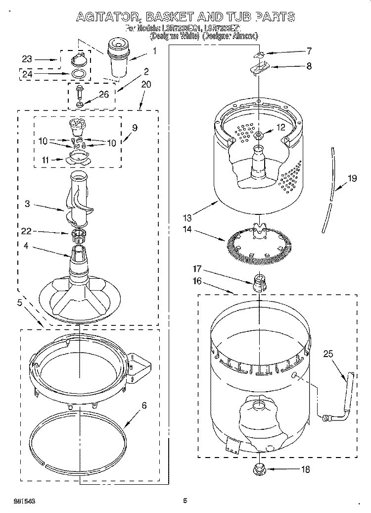 AGITATOR, BASKET AND TUB Diagram and Parts List for LSR7233EQ1  Whirlpool Washer