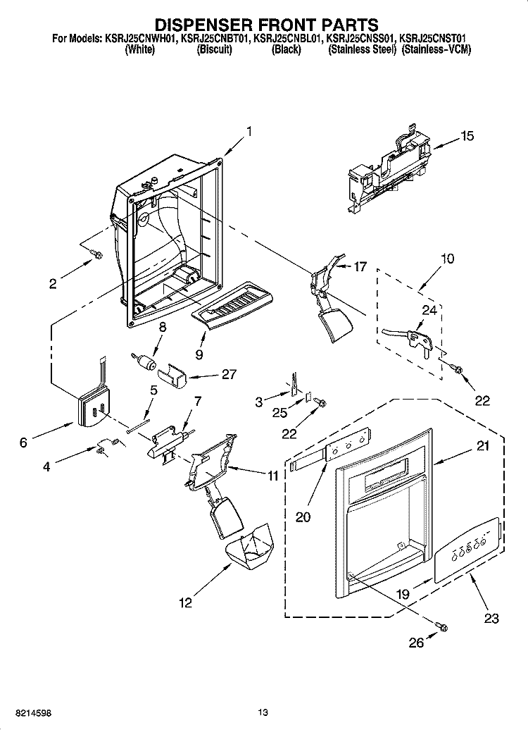 DISPENSER FRONT PARTS Diagram and Parts List for KSRJ25CNBT01  KitchenAid Refrigerator