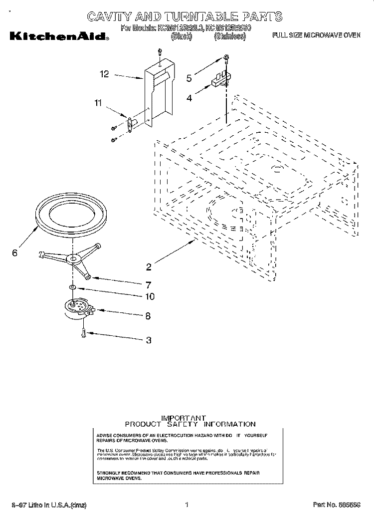 CAVITY AND TURNTABLE, LIT/OPTIONAL Diagram and Parts List for KCMS125EBL0  KitchenAid Microwave