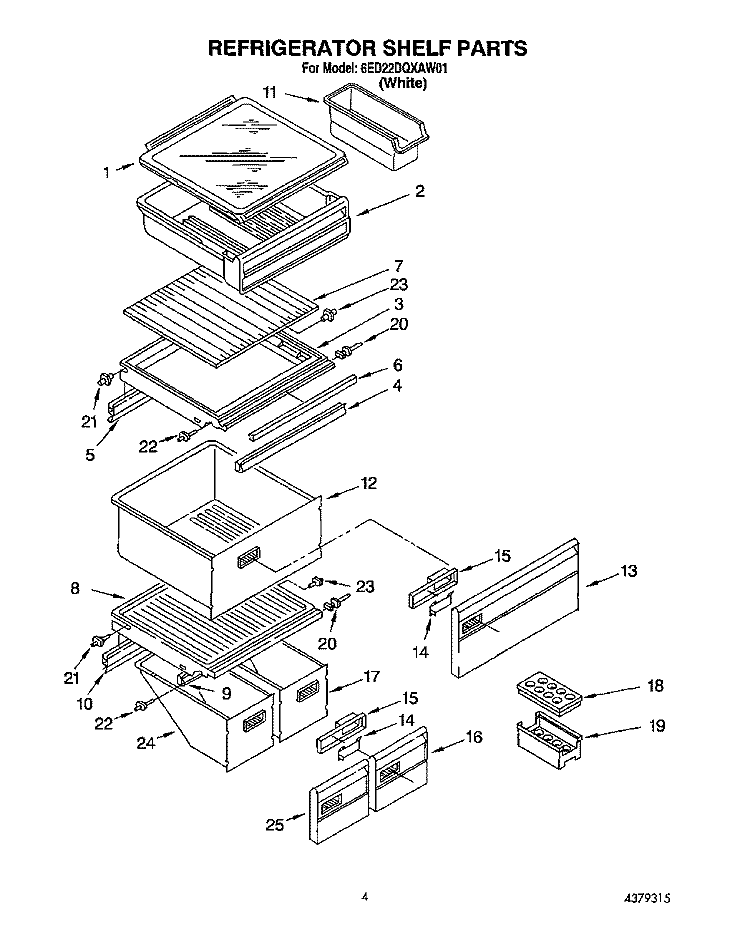 REFRIGERATOR SHELF Diagram and Parts List for 6ED22DQXAW01  Whirlpool Refrigerator