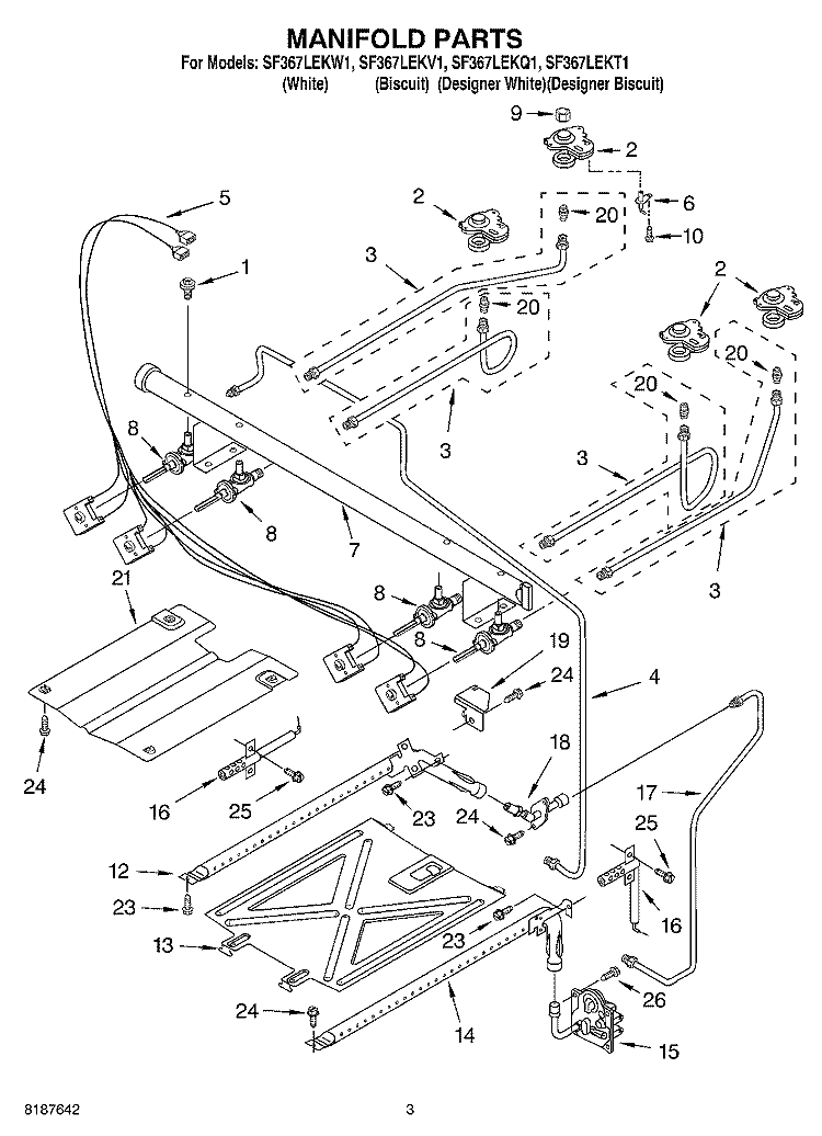 MANIFOLD Diagram and Parts List for SF367LEKV1  Whirlpool Range