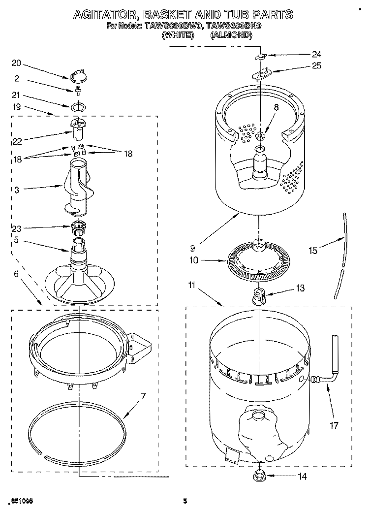 AGITATOR, BASKET AND TUB Diagram and Parts List for TAWS680BW0  Estate Washer