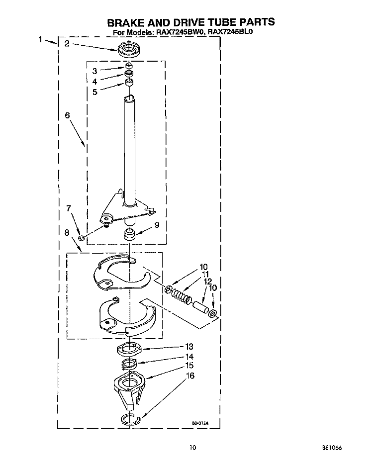 BRAKE AND DRIVE TUBE Diagram and Parts List for RAX7245BL0  Roper Washer