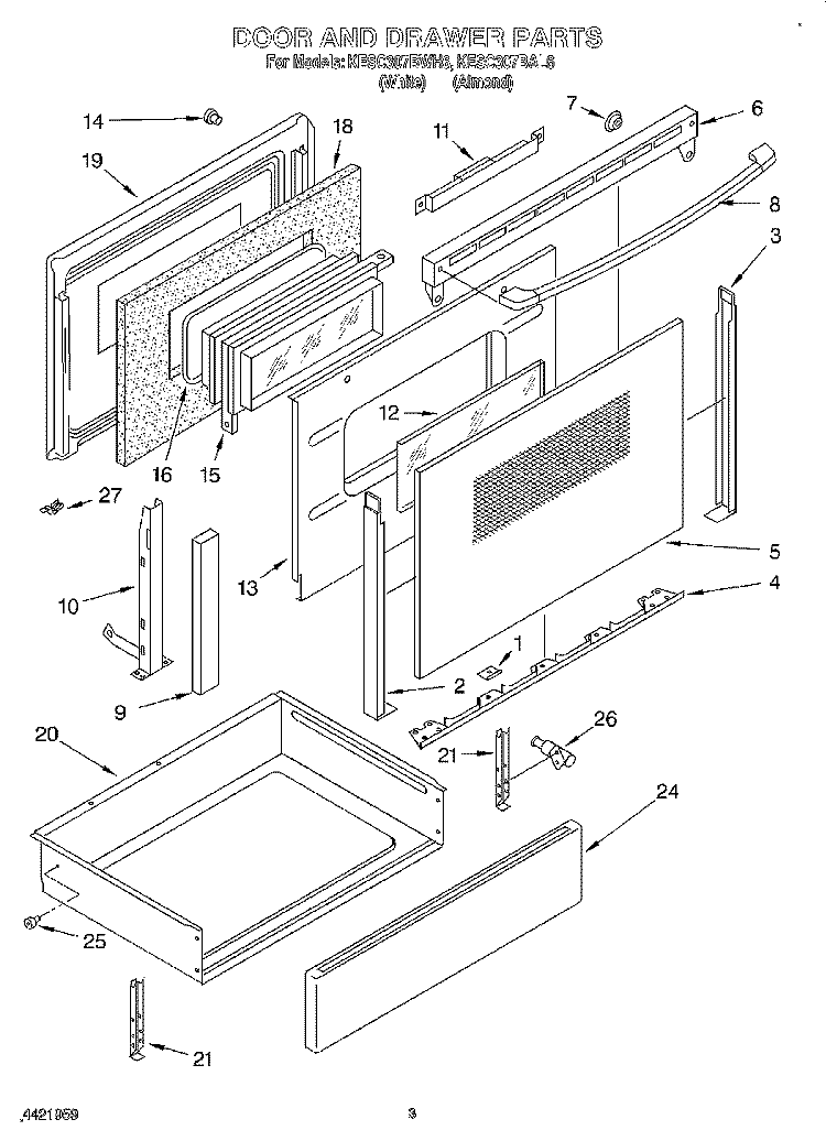DOOR AND DRAWER Diagram and Parts List for KESC307BAL6  KitchenAid Range