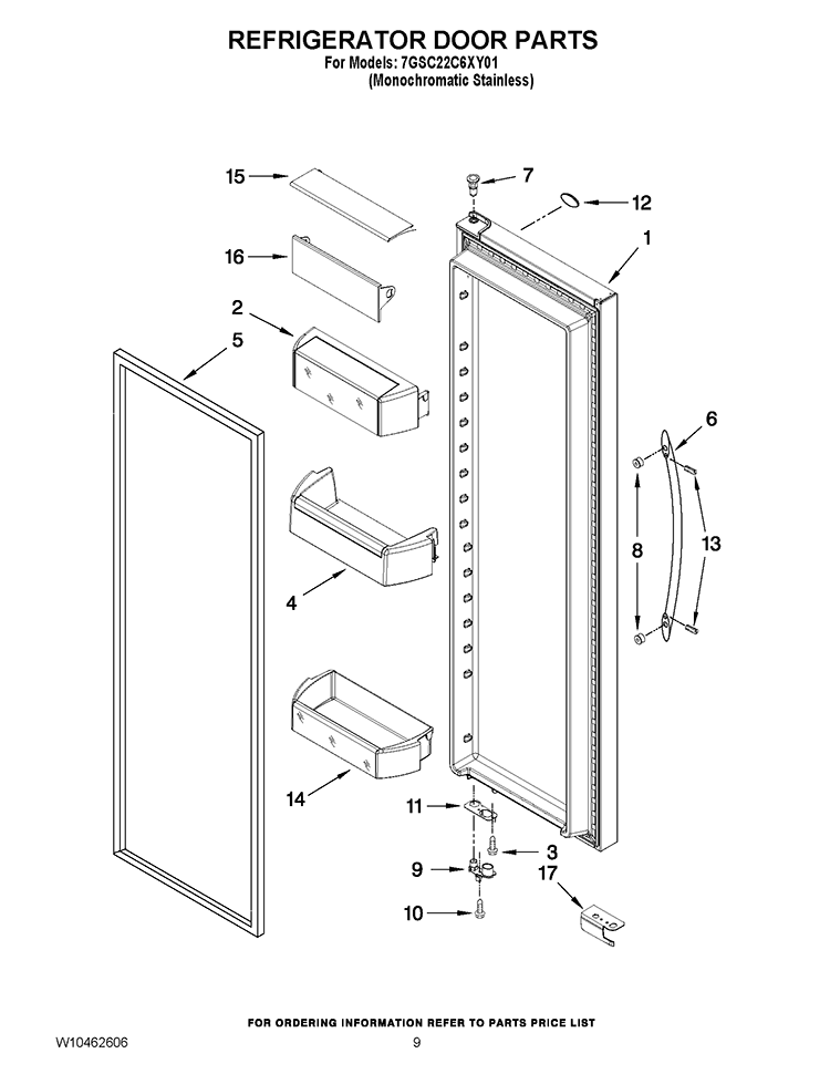 REFRIGERATOR DOOR PARTS Diagram and Parts List for 7GSC22C6XY01  Whirlpool Refrigerator