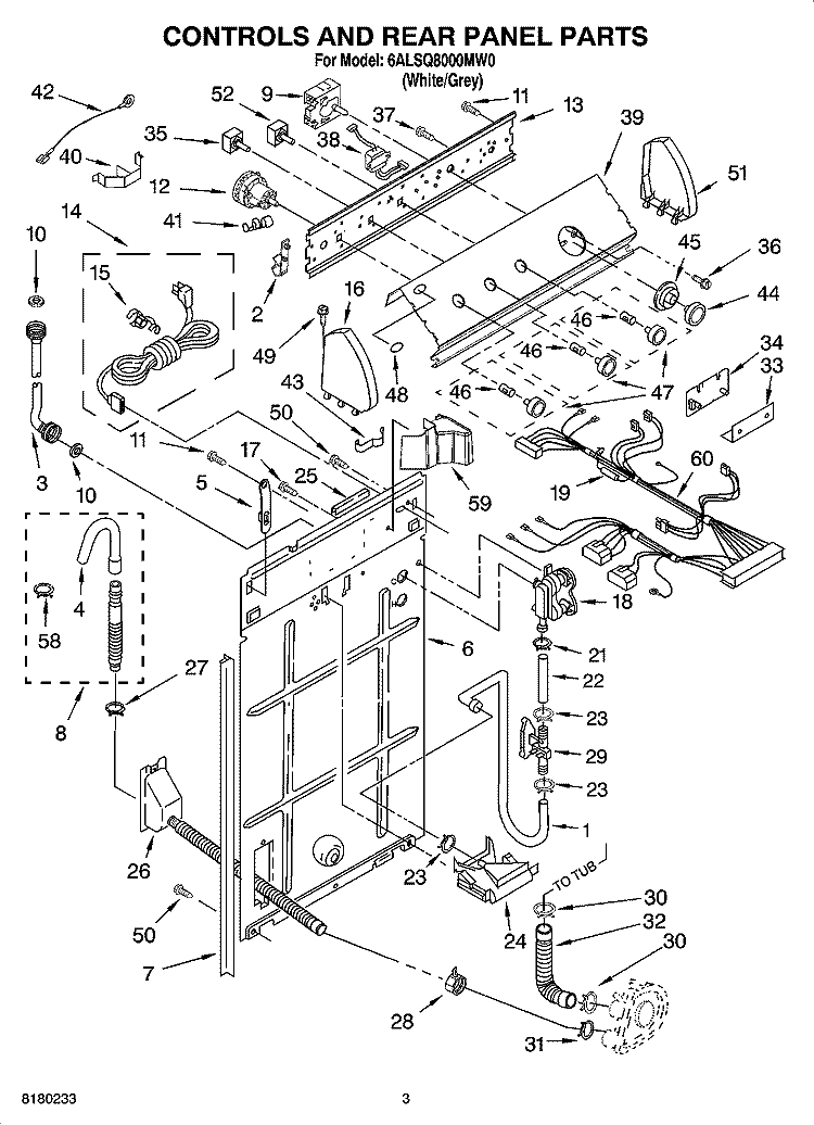 CONTROLS AND REAR PANEL PARTS Diagram and Parts List for 6ALSQ8000MW0  Whirlpool Washer
