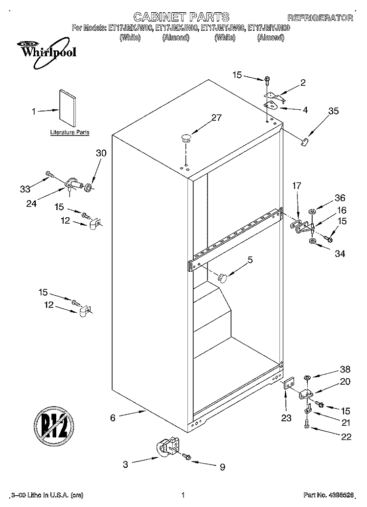 CABINET, LITERATURE Diagram and Parts List for ET17JMYJN00  Whirlpool Refrigerator