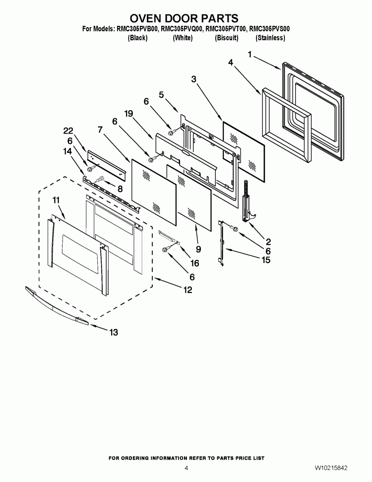 OVEN DOOR PARTS Diagram and Parts List for RMC305PVB00  Whirlpool Microwave Oven Combo