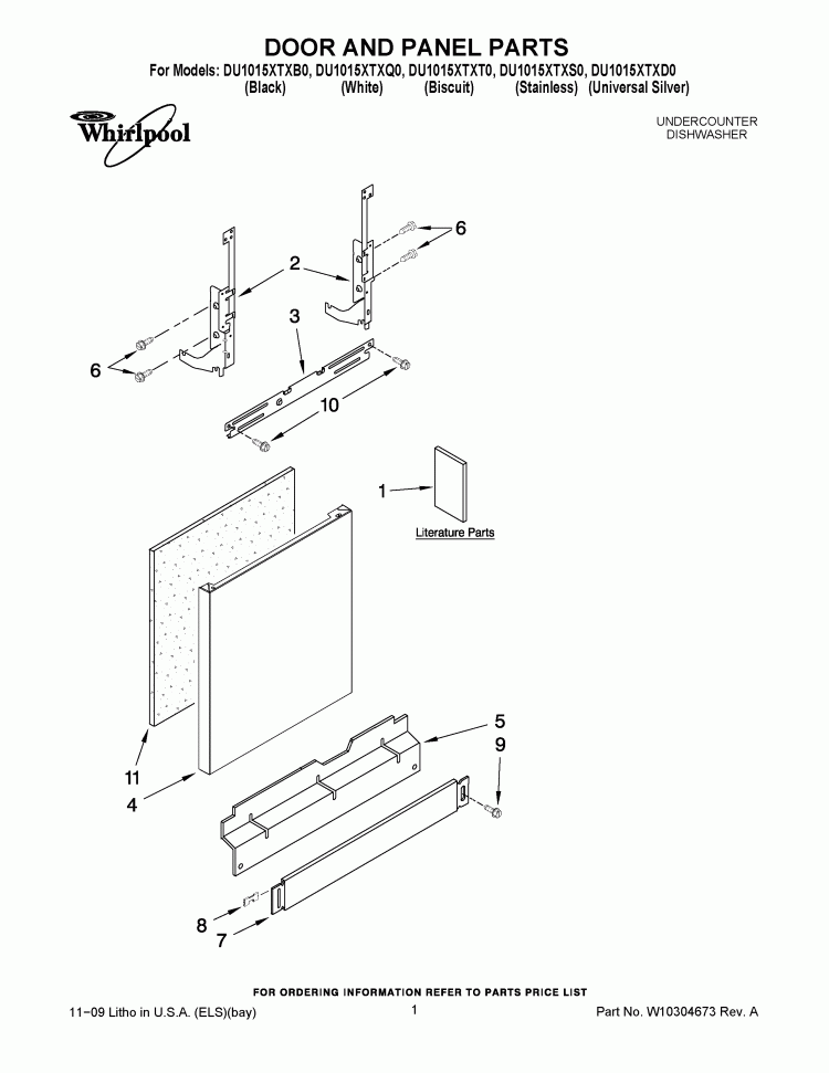 DOOR AND PANEL PARTS Diagram and Parts List for DU1015XTXS0  Whirlpool Dishwasher