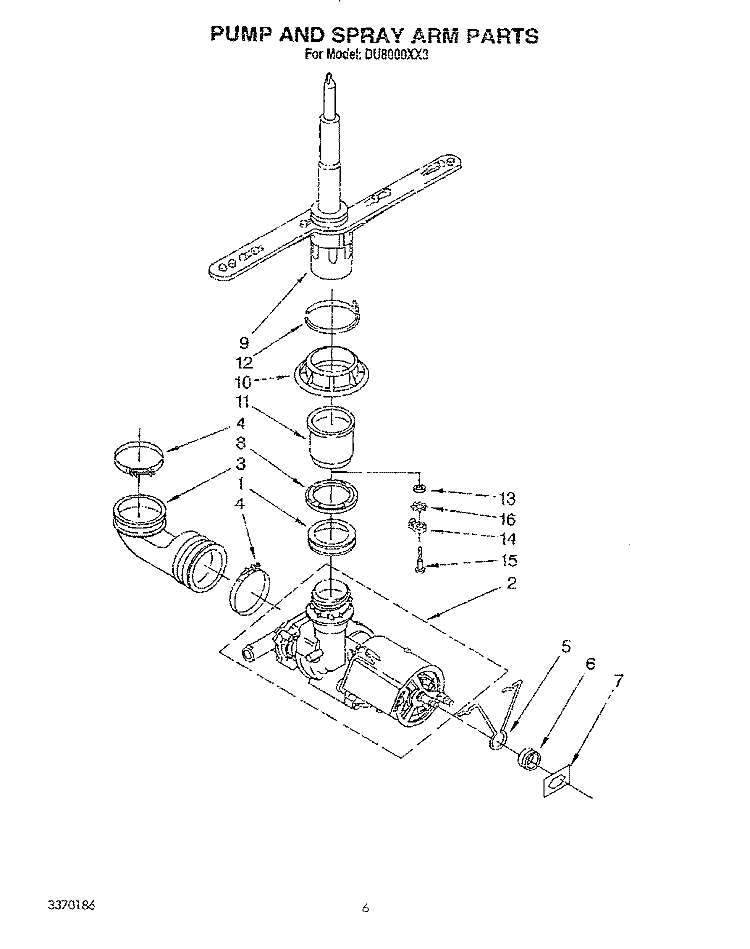 PUMP AND SPRAY ARM Diagram and Parts List for DU8000XX3  Whirlpool Dishwasher