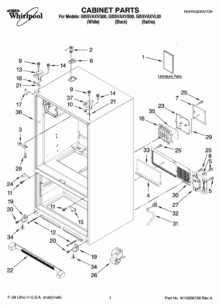 CABINET PARTS Diagram and Parts List for GI5SVAXVL00  Whirlpool Refrigerator