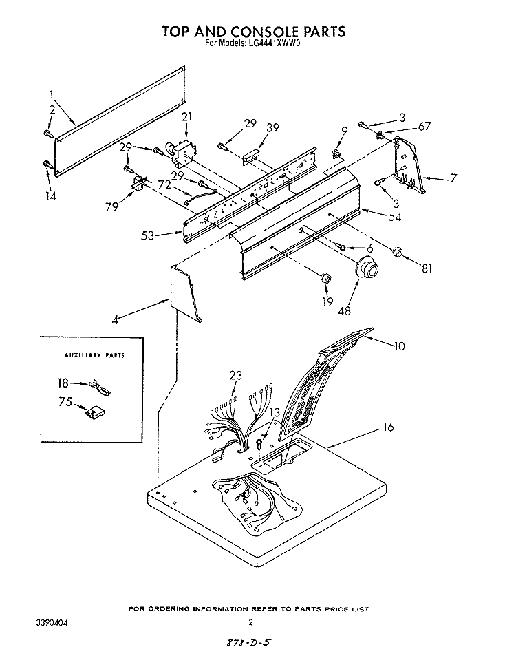 TOP AND CONSOLE , LITERATURE AND OPTIONAL Diagram and Parts List for LG4441XWW0  Whirlpool Dryer