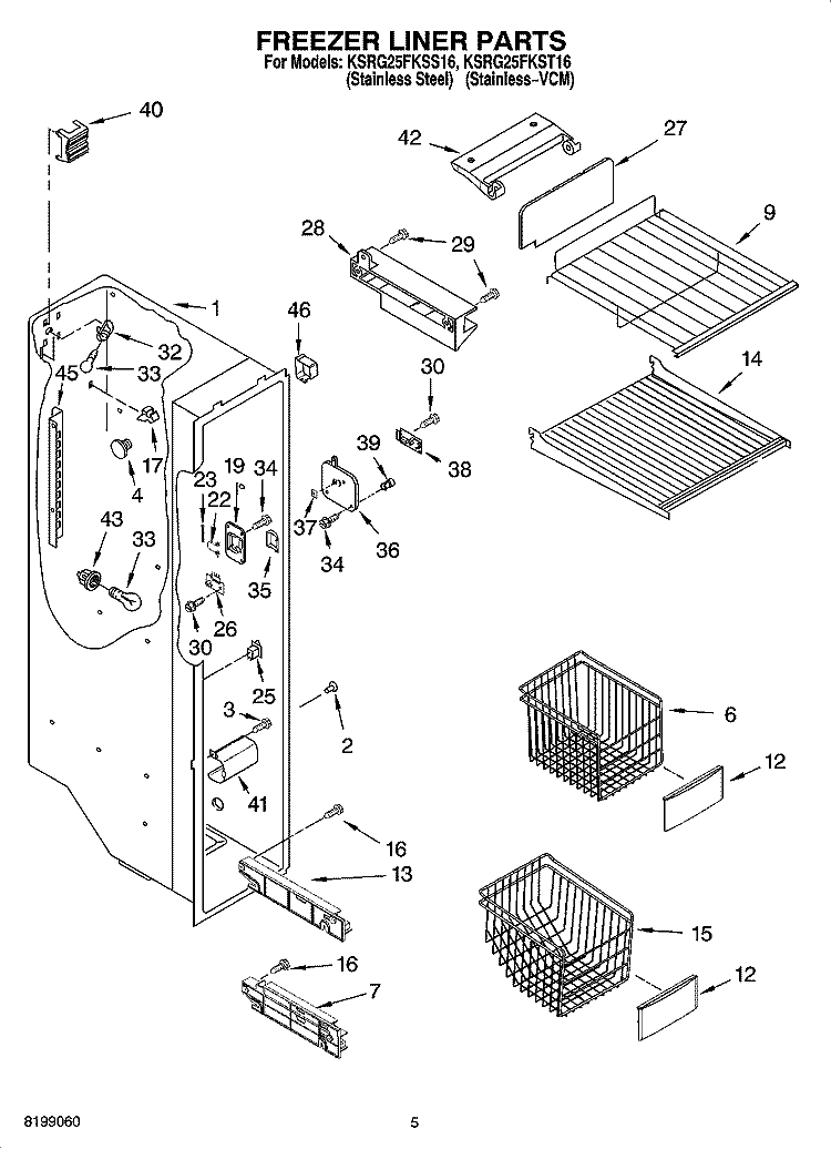 FREEZER LINER PARTS Diagram and Parts List for KSRG25FKST16  KitchenAid Refrigerator