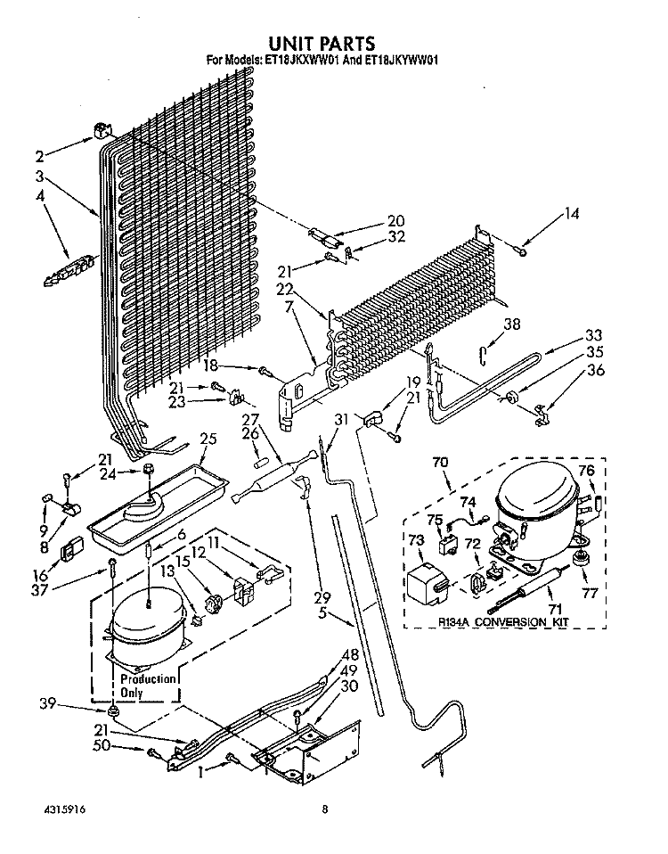 UNIT Diagram and Parts List for ET18JKXWF01  Whirlpool Refrigerator