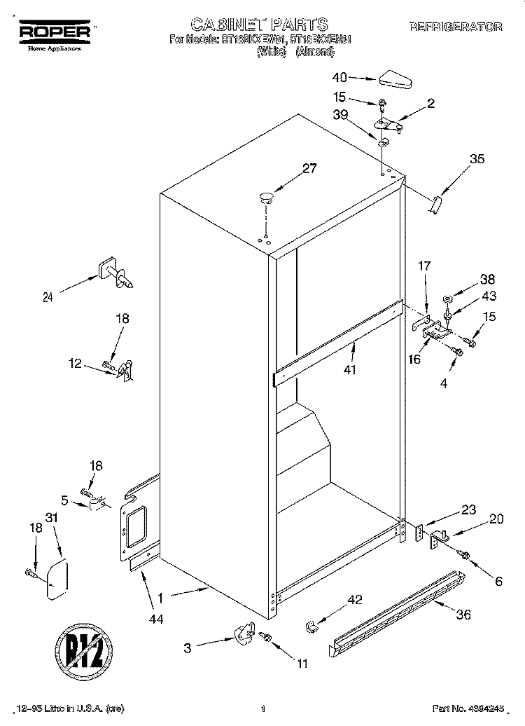 CABINET Diagram and Parts List for RT18BKXEN01  Roper Refrigerator