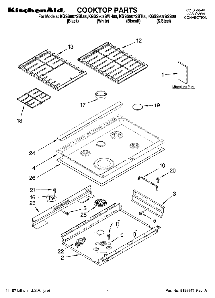 COOKTOP PARTS Diagram and Parts List for KGSS907SBT00  KitchenAid Range