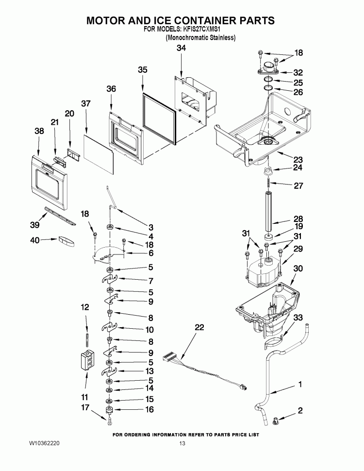 MOTOR AND ICE CONTAINER PARTS Diagram and Parts List for KFIS27CXMS1  KitchenAid Refrigerator