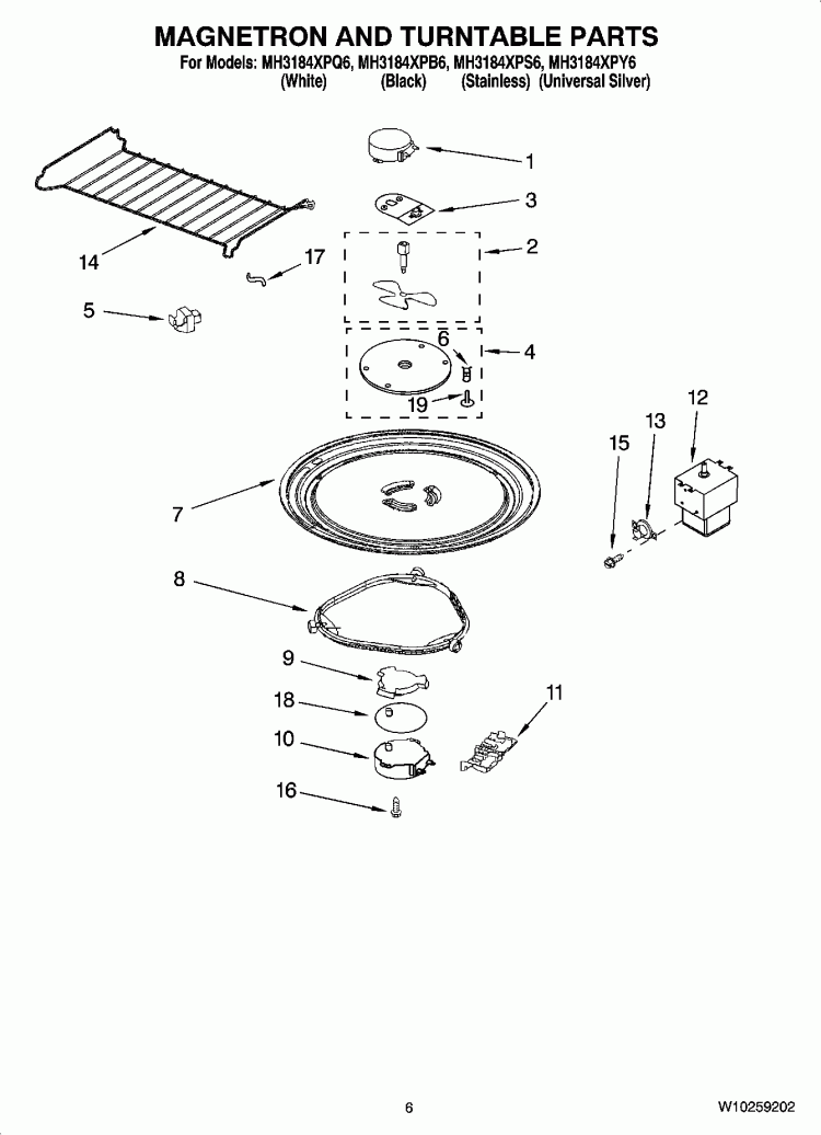 MAGNETRON AND TURNTABLE PARTS Diagram and Parts List for MH3184XPB6  Whirlpool Microwave