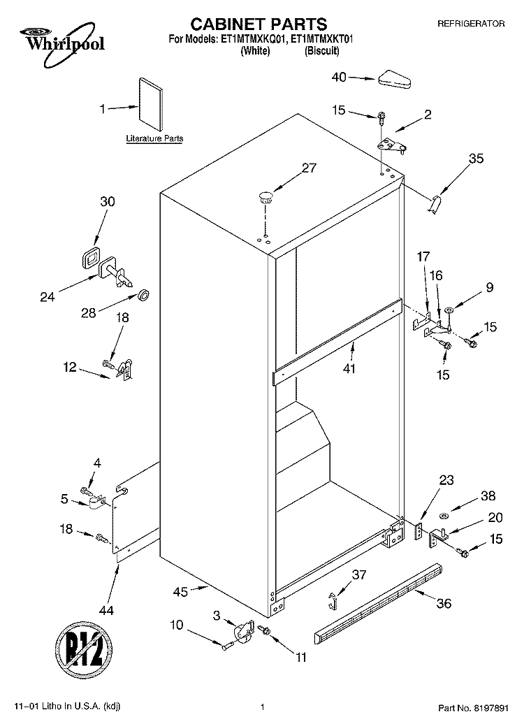 CABINET, LITERATURE Diagram and Parts List for ET1MTMXKQ01  Whirlpool Refrigerator