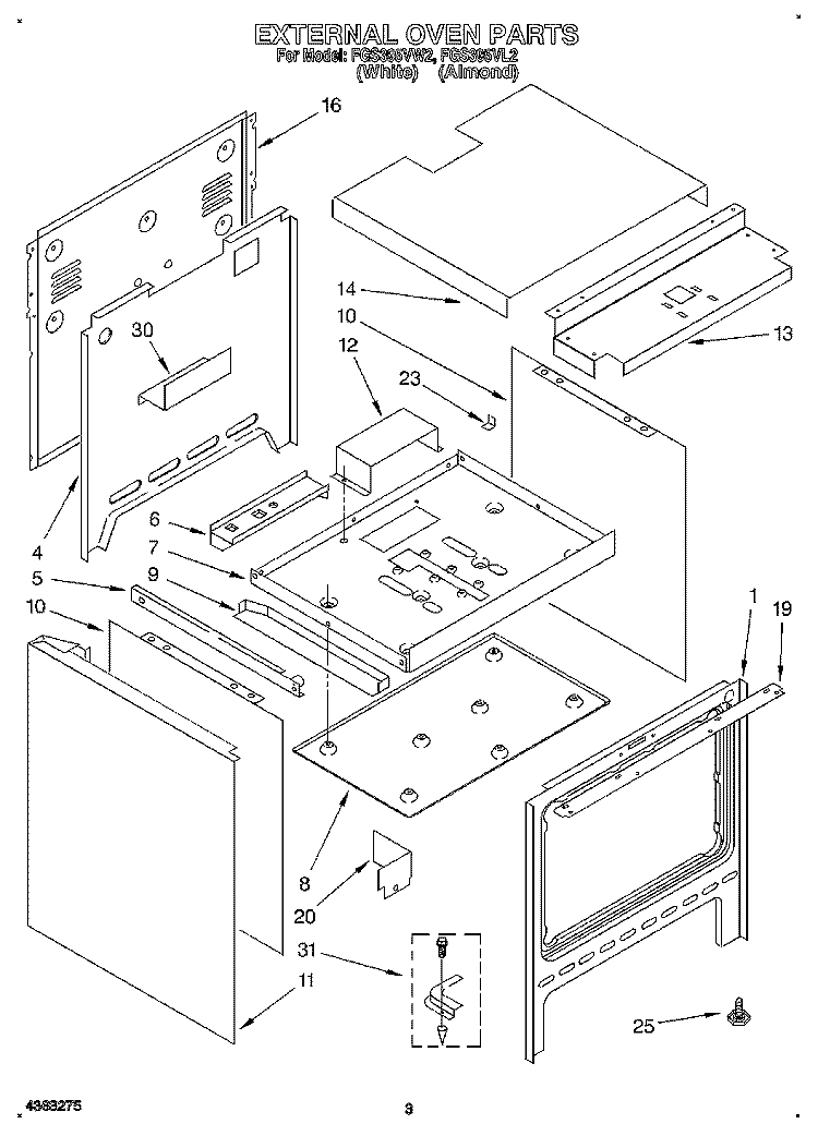 EXTERNAL OVEN Diagram and Parts List for FGS395VL2  Whirlpool Range