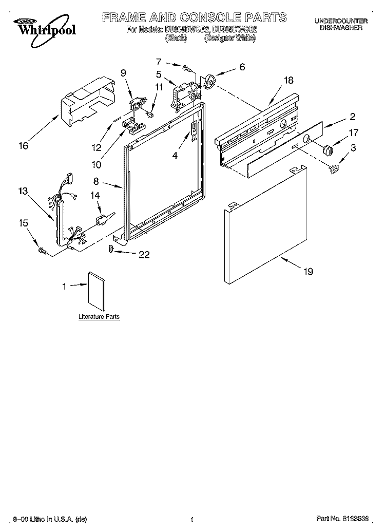 FRAME AND CONSOLE, LITERATURE Diagram and Parts List for DU805DWGQ2  Whirlpool Dishwasher
