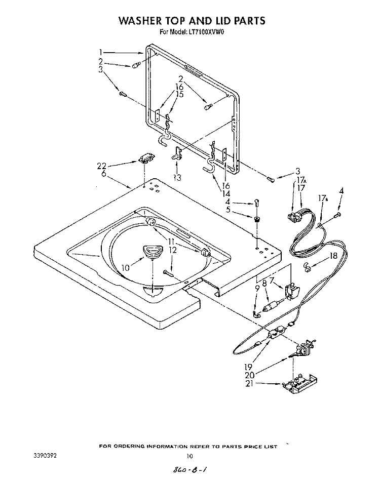 WASHER TOP AND LID Diagram and Parts List for LT7100XVN0  Whirlpool Washer Dryer Combo