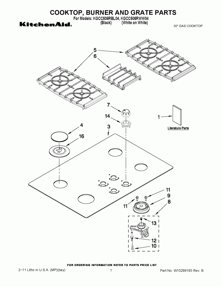 COOKTOP, BURNER AND GRATE PARTS Diagram and Parts List for KGCC506RBL04  KitchenAid Cooktop