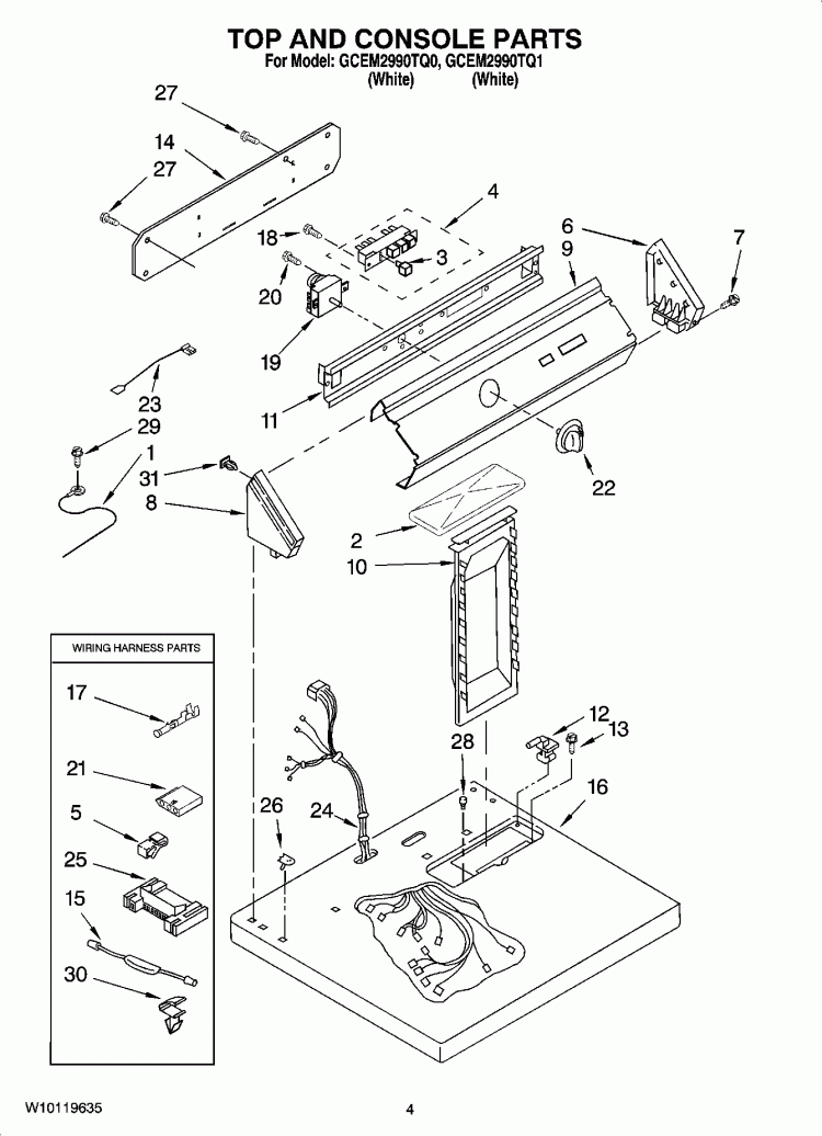 TOP AND CONSOLE PARTS Diagram and Parts List for GCEM2990TQ1  Whirlpool Dryer