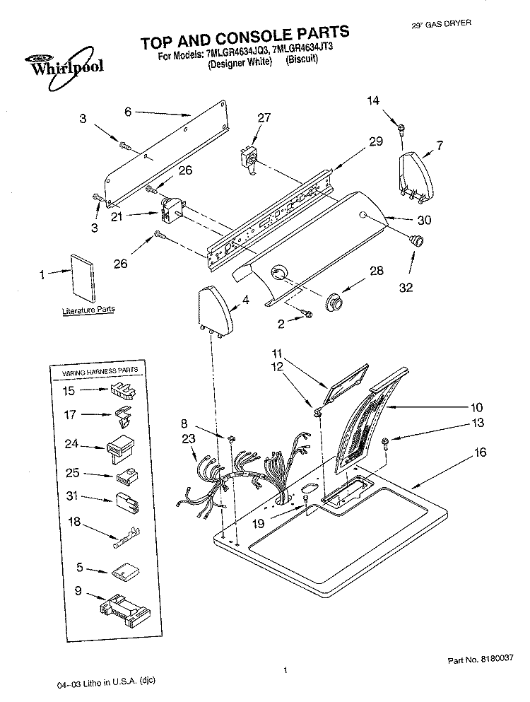 TOP AND CONSOLE PARTS Diagram and Parts List for 7MLGR4634JT3  Whirlpool Dryer