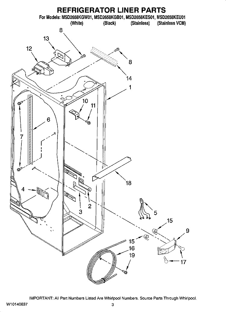 REFRIGERATOR LINER PARTS Diagram and Parts List for MSD2658KGB01  Whirlpool Refrigerator