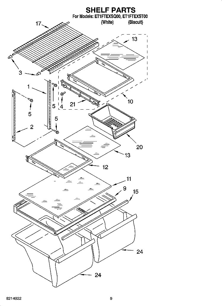 SHELF PARTS, OPTIONAL PARTS Diagram and Parts List for ET1FTEXST00  Whirlpool Refrigerator