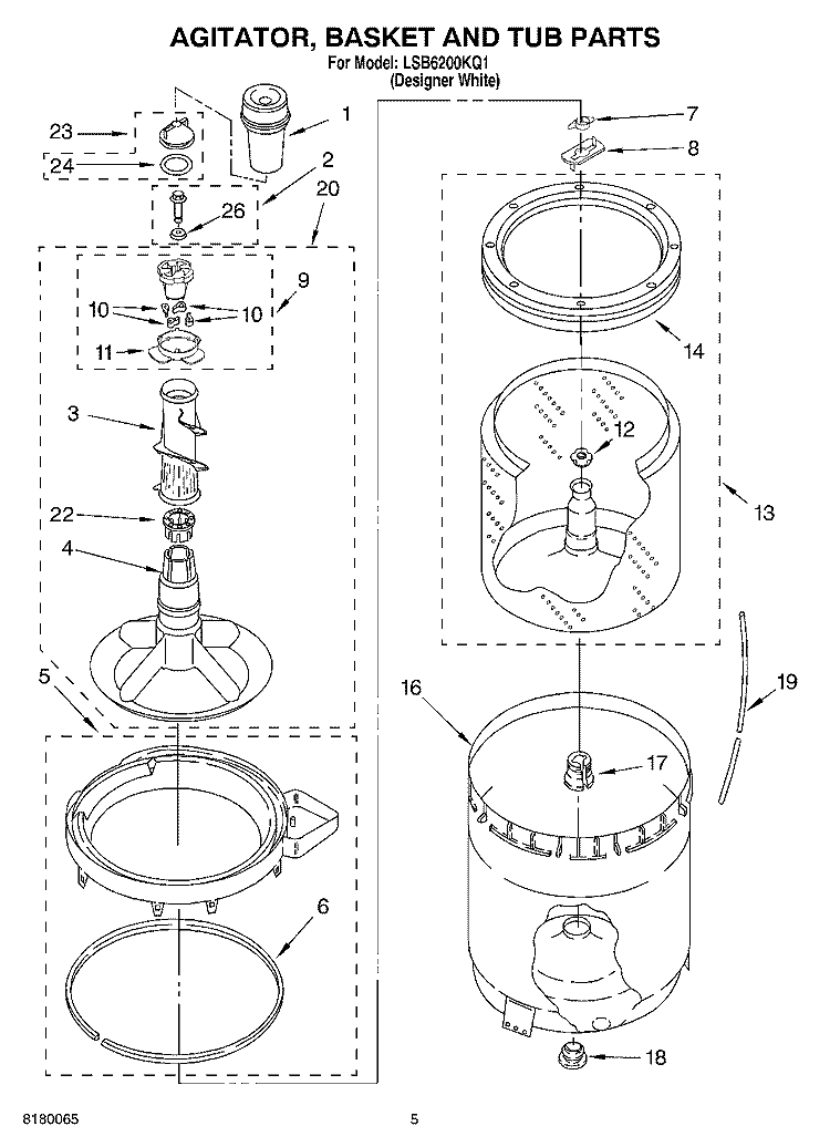 AGITATOR, BASKET AND TUB PARTS Diagram and Parts List for LSB6200KQ1  Whirlpool Washer