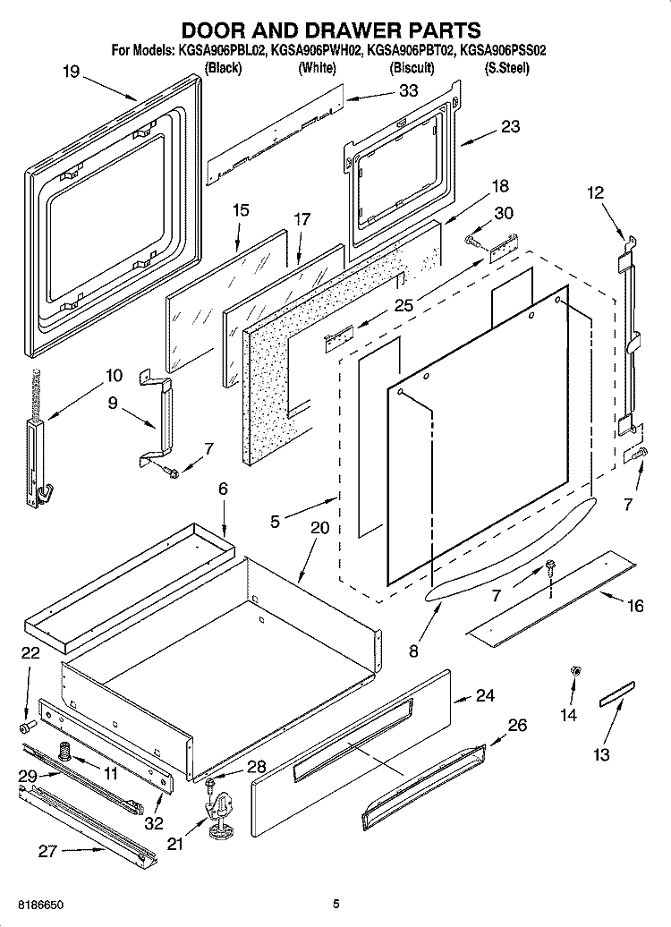 DOOR AND DRAWER PARTS Diagram and Parts List for KGSA906PBL02  KitchenAid Range
