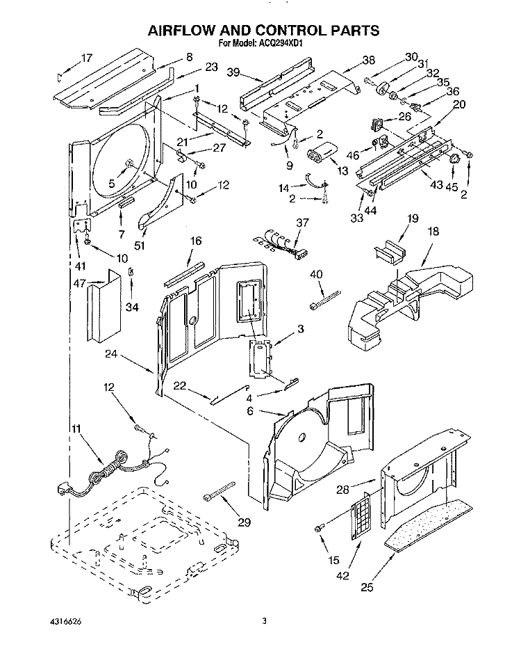 AIRFLOW AND CONTROL Diagram and Parts List for ACQ294XD1  Whirlpool Air Conditioner